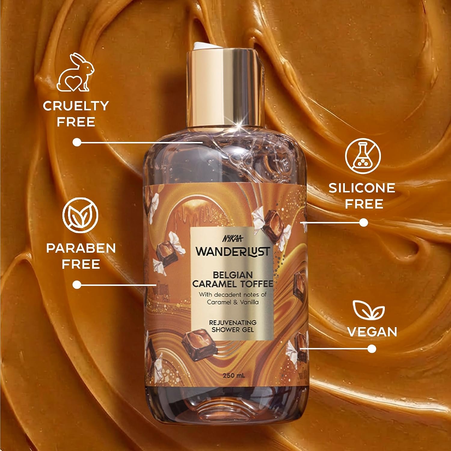 Nykaa Wanderlust Belgian Caramel Toffee Exfoliating Perfume Body Wash, Lactic Acid & Vitamin E, Caramel & Vanilla, Hydrating Shower Gel for Smooth & Soft Skin, Long-lasting Fragrance, No Par thumbnail