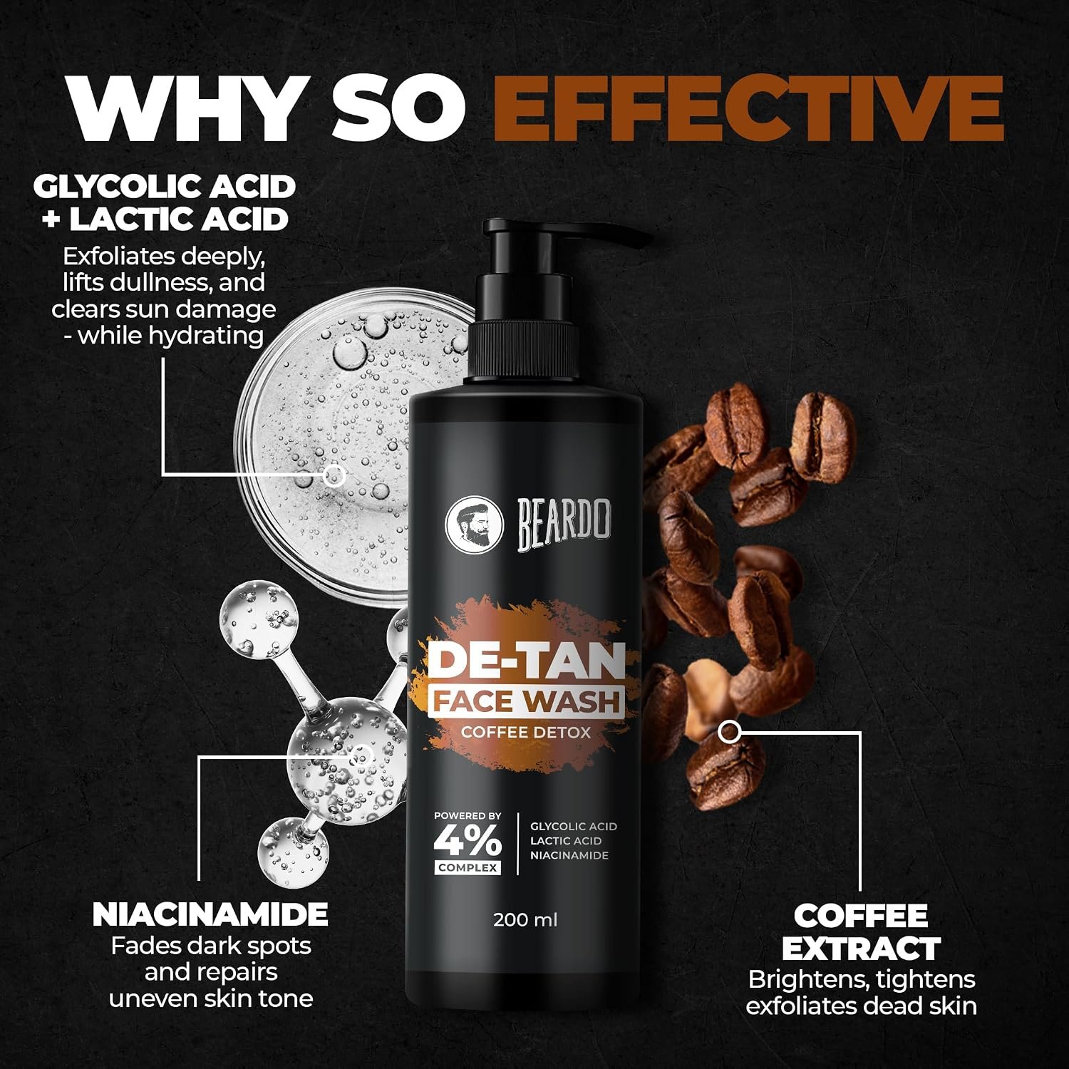 BEARDO DeTan Face Wash for Men, 200ml | Helps to Reduce Tan,Reduce Dark Sports & Pigmentation | thumbnail