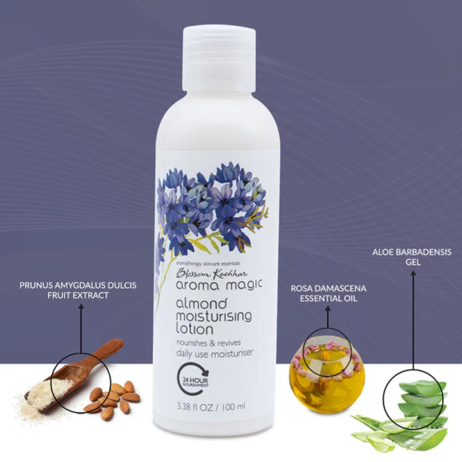 Aroma Magic Almond Moisturising Lotion SPF 15| for 24H nourishment |Moisturizes & revives skin| lotus leaf extracts, jojoba oils, geranium & rose essential oils| 100ml thumbnail