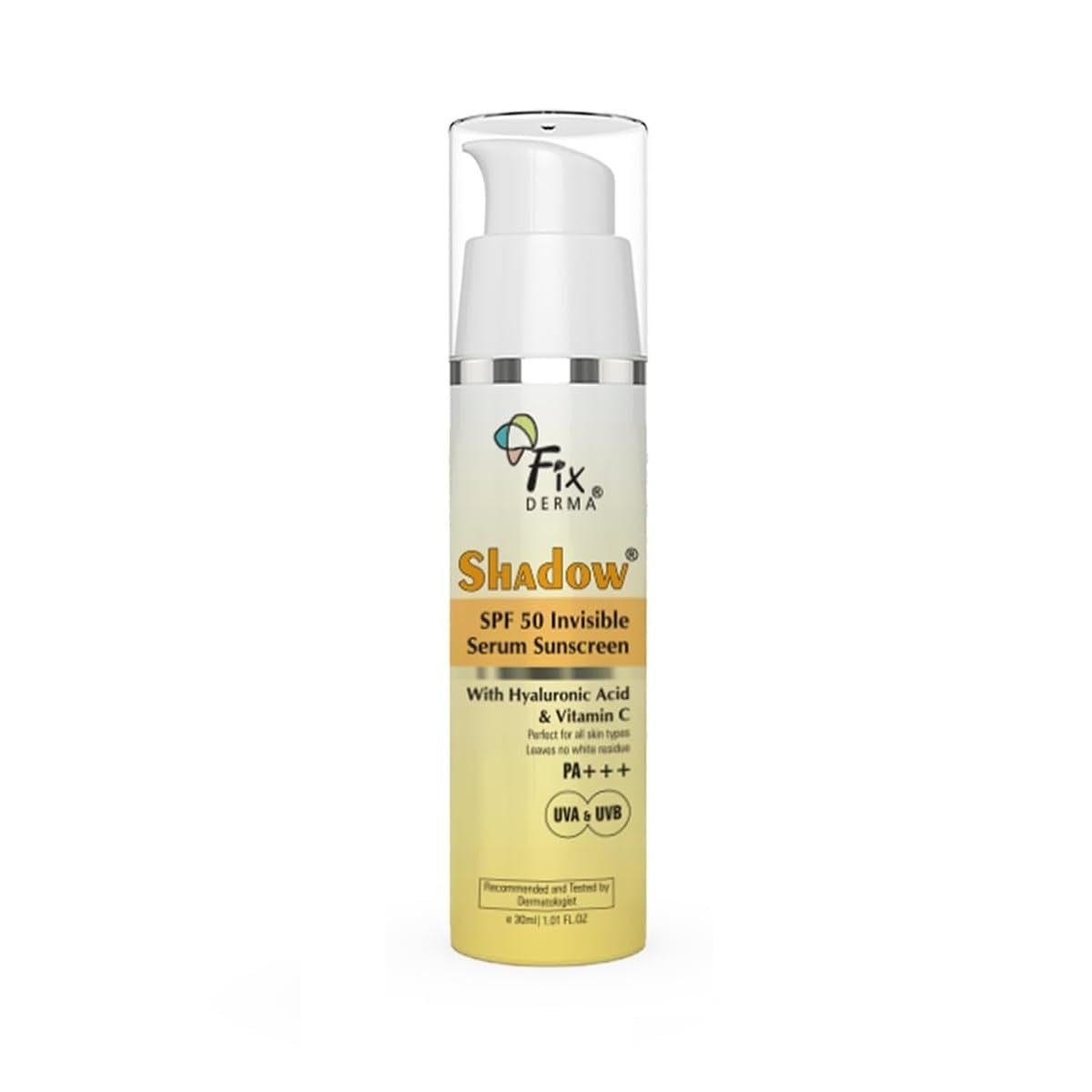 FIXDERMA Shadow Invisible Serum Sunscreen SPF 50+ PA+++|Ultra Lightweight Transparent Sunscreen with Vitamin C & Hyaluronic Acid|No White Cast | Airless Pump 30 ML thumbnail