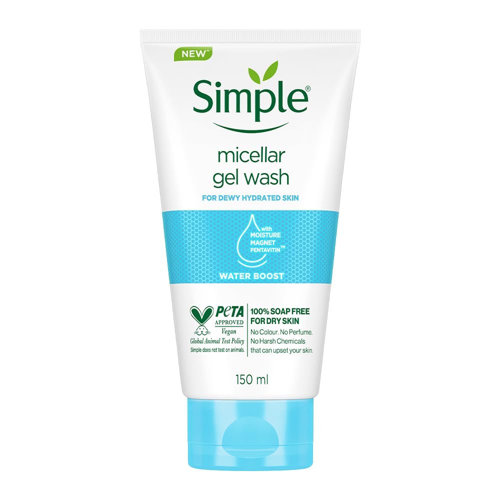 Simple Water Boost Micellar Gel Wash| 100% Soap Free | Gentle Hydrating Facewash with Prebiotics & Panthenol | Cleanser for Dry Sensitive Skin, 150 ml thumbnail