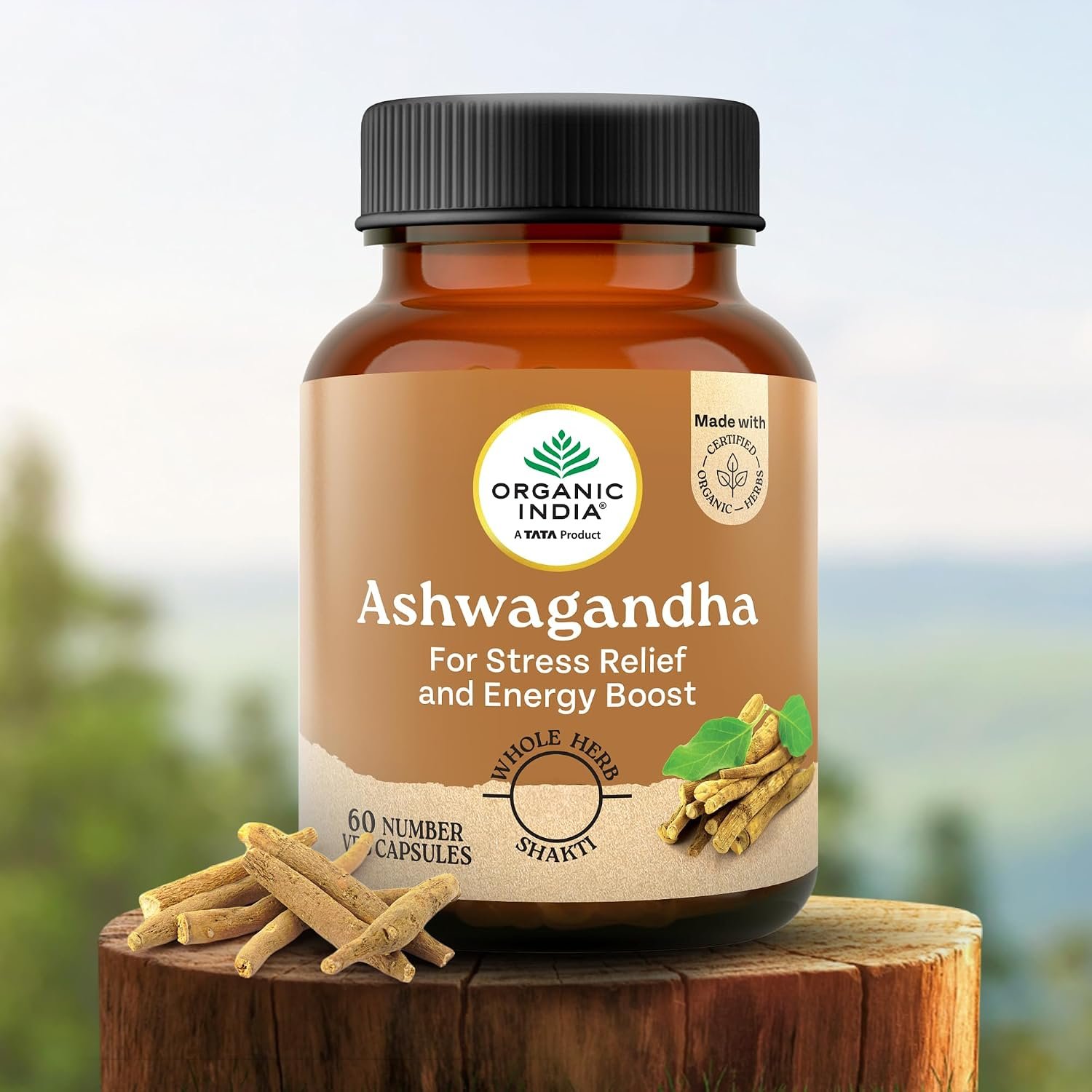A TATA Product - Organic India Pure Ashwagandha Root Capsules - 60 Veg Caps (400mg), thumbnail
