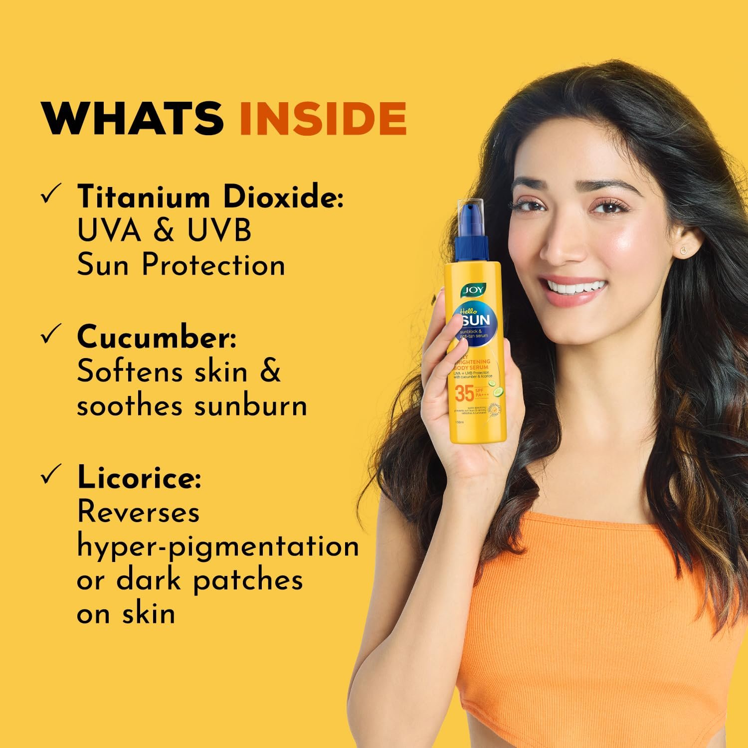 Joy Hello Sun Skin Brightening Body Sunscreen Lotion SPF 35 (150ml) | UVA + UVB Protection | Tan Control and Brightening | Lightweight, Fast Absorbing & Zero White Cast | For All Skin Types thumbnail