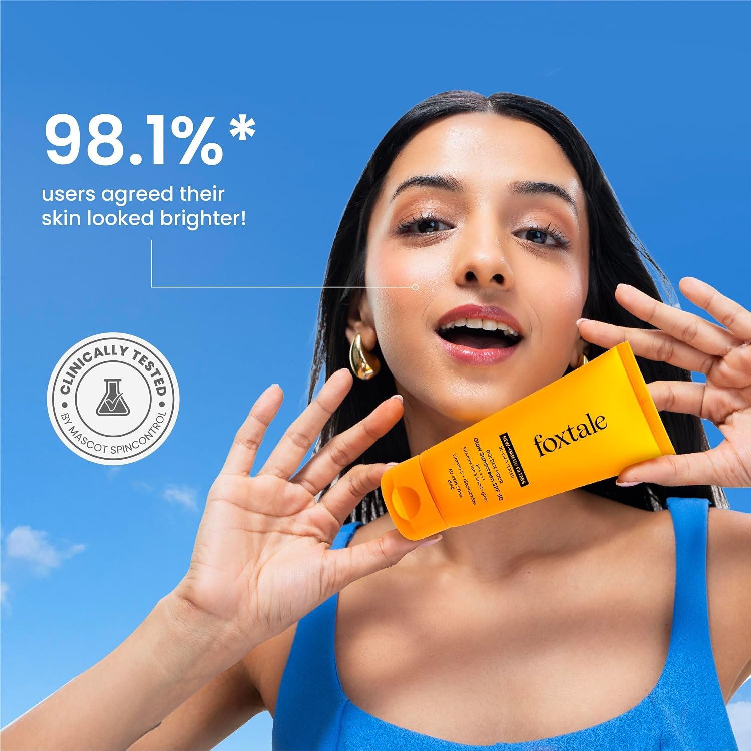 Foxtale Glow Sunscreen SPF 50 PA++++ with Vitamin C & Niacinamide, in-Vivo Tested, Made with 100% New-Gen Filters, Lightweight, Non-Greasy, No White Cast |for Men & Women | 80 Ml thumbnail