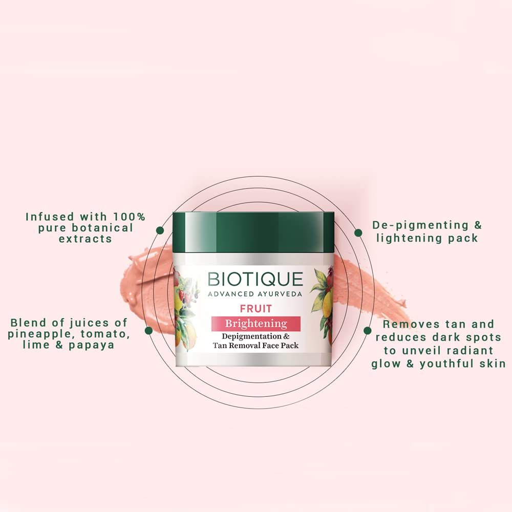 Biotique Fruit Brightening Depigmentation and Tan Removal Face Pack| Ayurvedic and Organically Pure| Tan Removal Face Pack for All Skin Types|100% Botanical Extracts| 75gm thumbnail