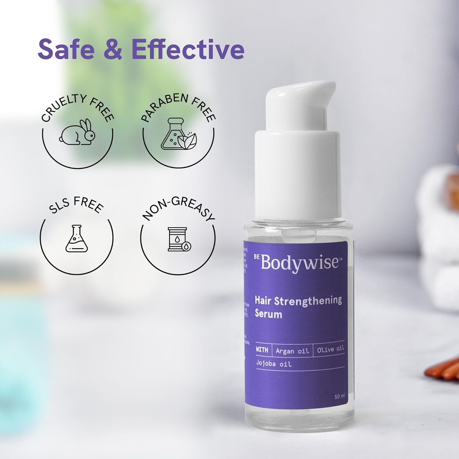 Be Bodywise Hair Strengthening Serum 50ml | For Dry & Damaged Hair | With Argan, Sunflower & Olive Oil | Paraben, SLS Free thumbnail