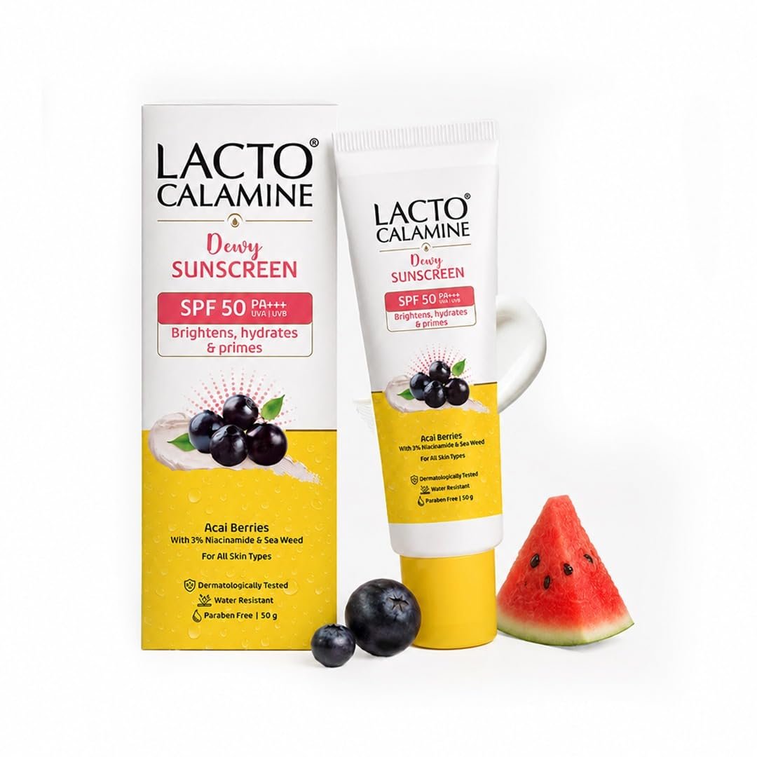 Lacto Calamine Dewy Glow Lightweight Sunscreen SPF 50 PFA +++ UVA & UVB Protection-Oily Skin | Acai Berries, Niacinamide & Watermelon | Dermatologically Tested | 50g
