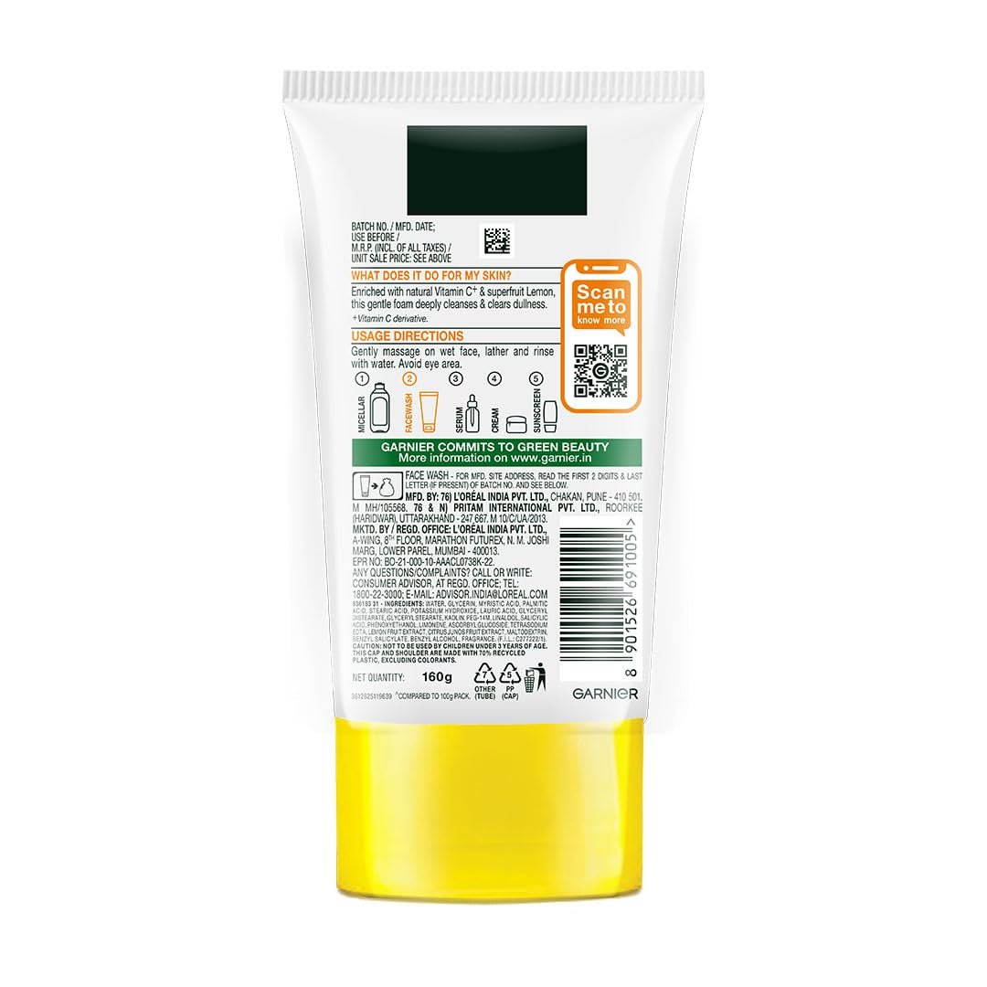 Garnier Bright Complete Vitamin C Face Wash for Brightness & Glow, 160g Vitamin C facewash for women and men | For Brightening and Glowing skin thumbnail