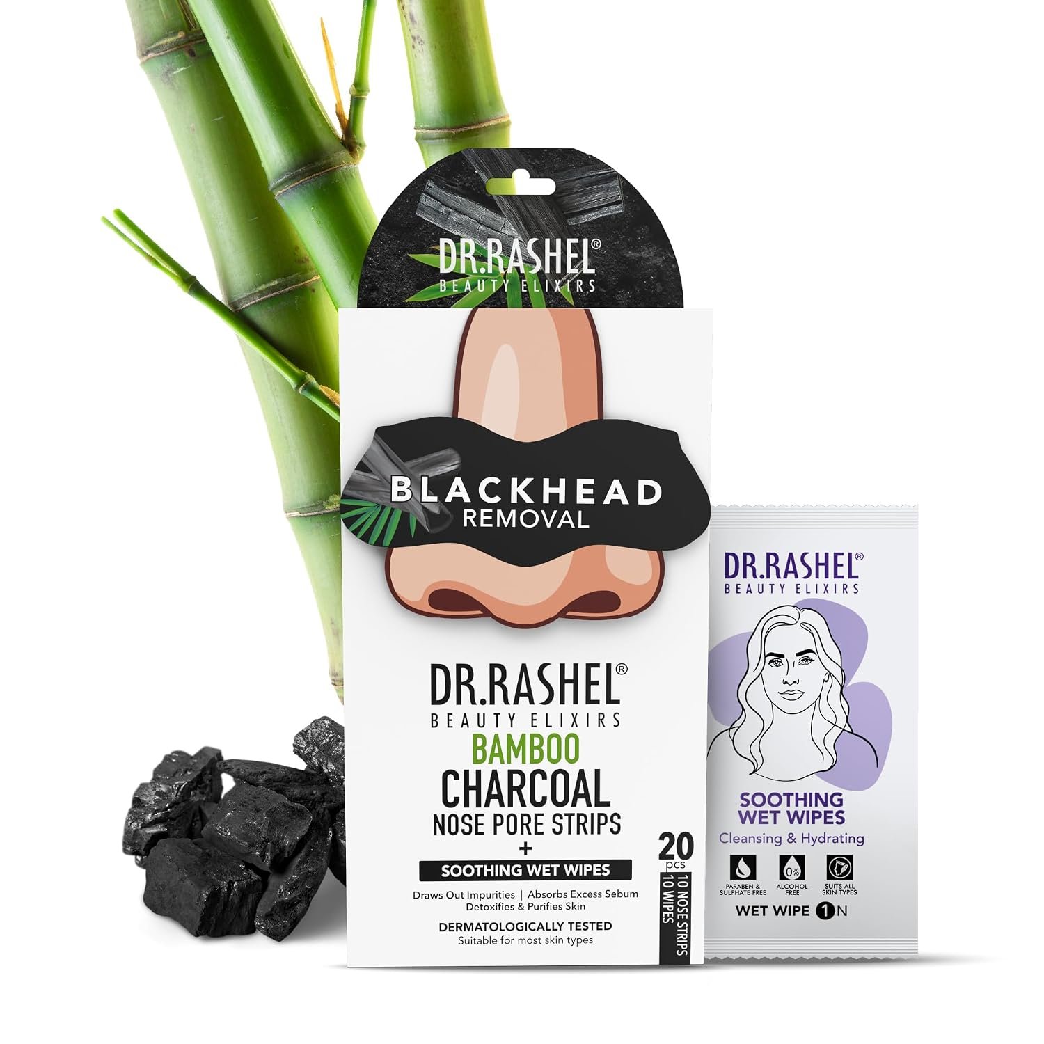 DR.RASHEL Beauty Elixirs Bamboo Charcoal Nose Pore Strips for Blackhead Removal, Activated Charcoal Deep Cleansing & Oil Control, Painless Pore Care for Men & Women,(10 Strips + 10 Cleansing