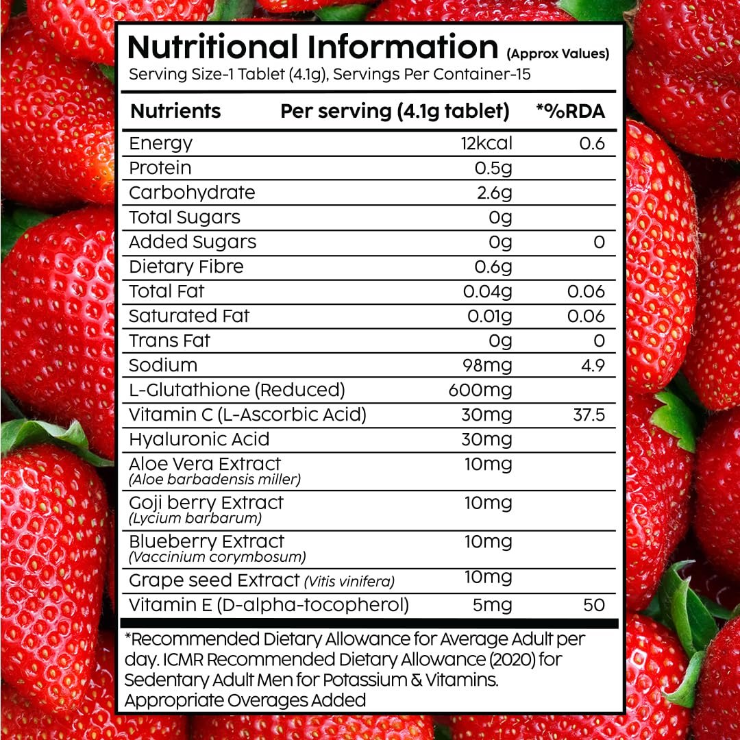 The Plant Fix Plix Glutathione Effervescent Tablets for Clear, Glowing & Youthful Skin | 600mg Glutathione, Vit E & Hyaluronic Acid | No Maltodextrin | Strawberry | Pack of 2 thumbnail