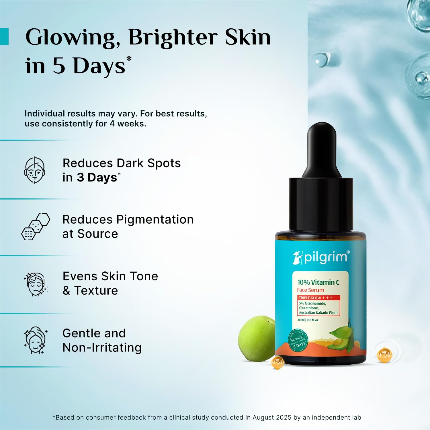 Pilgrim 10% Vitamin C Serum 30ml for Glowing Skin | With 5% Niacinamide, Hyaluronic & Glycolic Acid | Fades Dark Spots, Pigmentation | For All, Oily, Combination, Normal Skin thumbnail