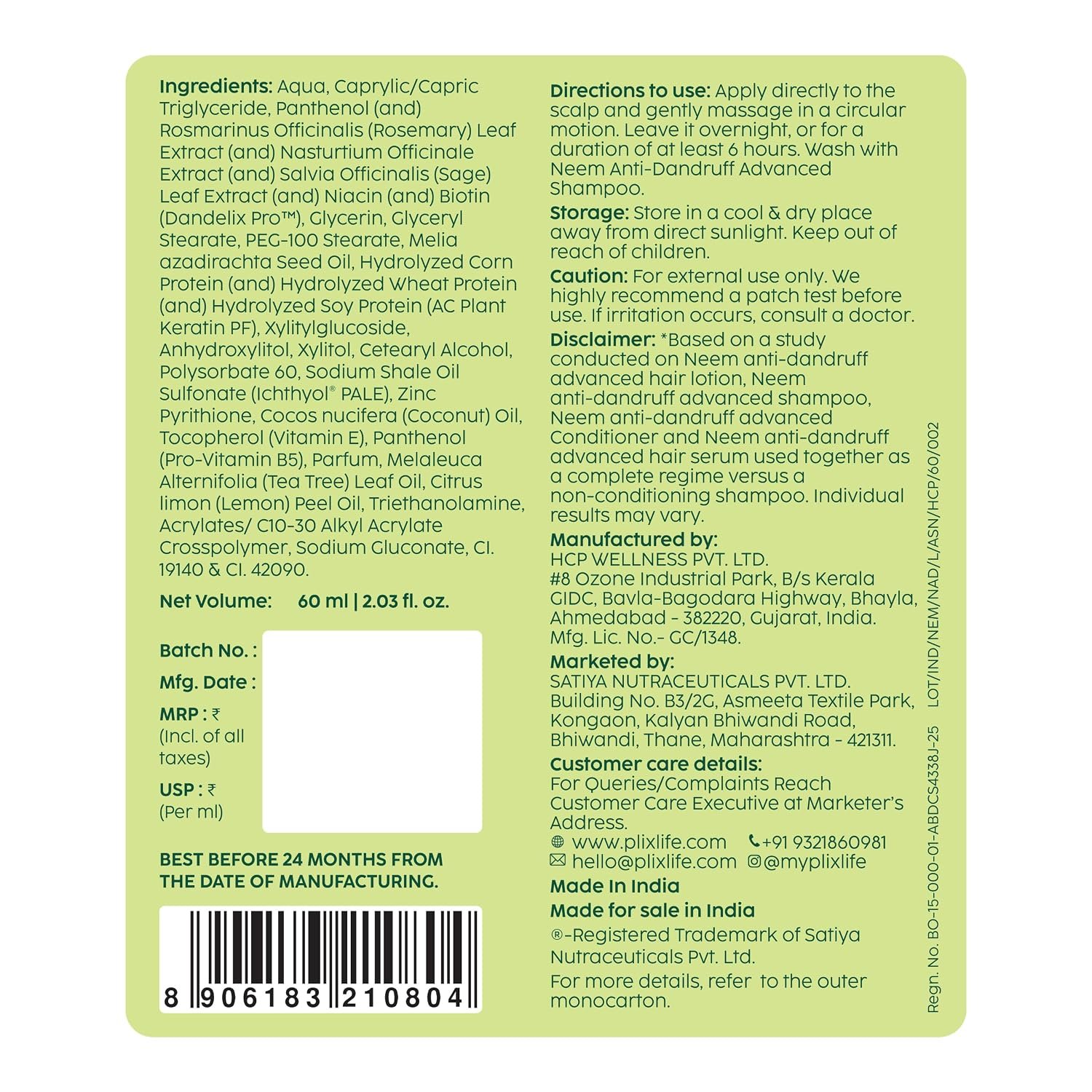 The Plant Fix Plix Neem Anti-Dandruff Advanced Lotion | Reduce Dandruff, Itching & Irritation | With Dandelix Pro & Ichthyol PALE | Paraben & Sulphate Free | Unisex (60ml) thumbnail