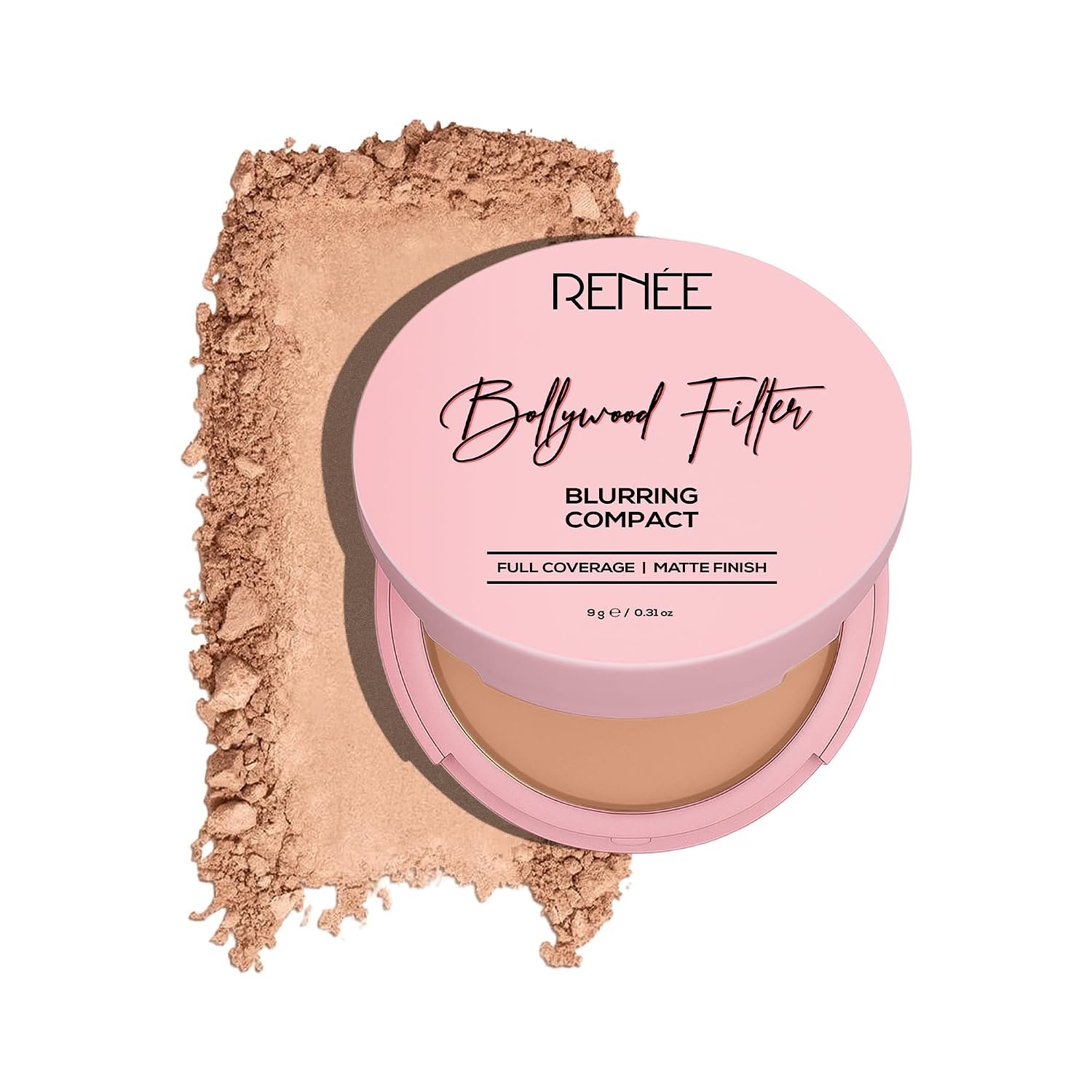 RENEE Bollywood Filter Blurring Compact - Fudge Fuzz | Pore Minimising, Matte Finish, Full Coverage, Rich Pay-off | Blurs Pores & Blemishes | 9g