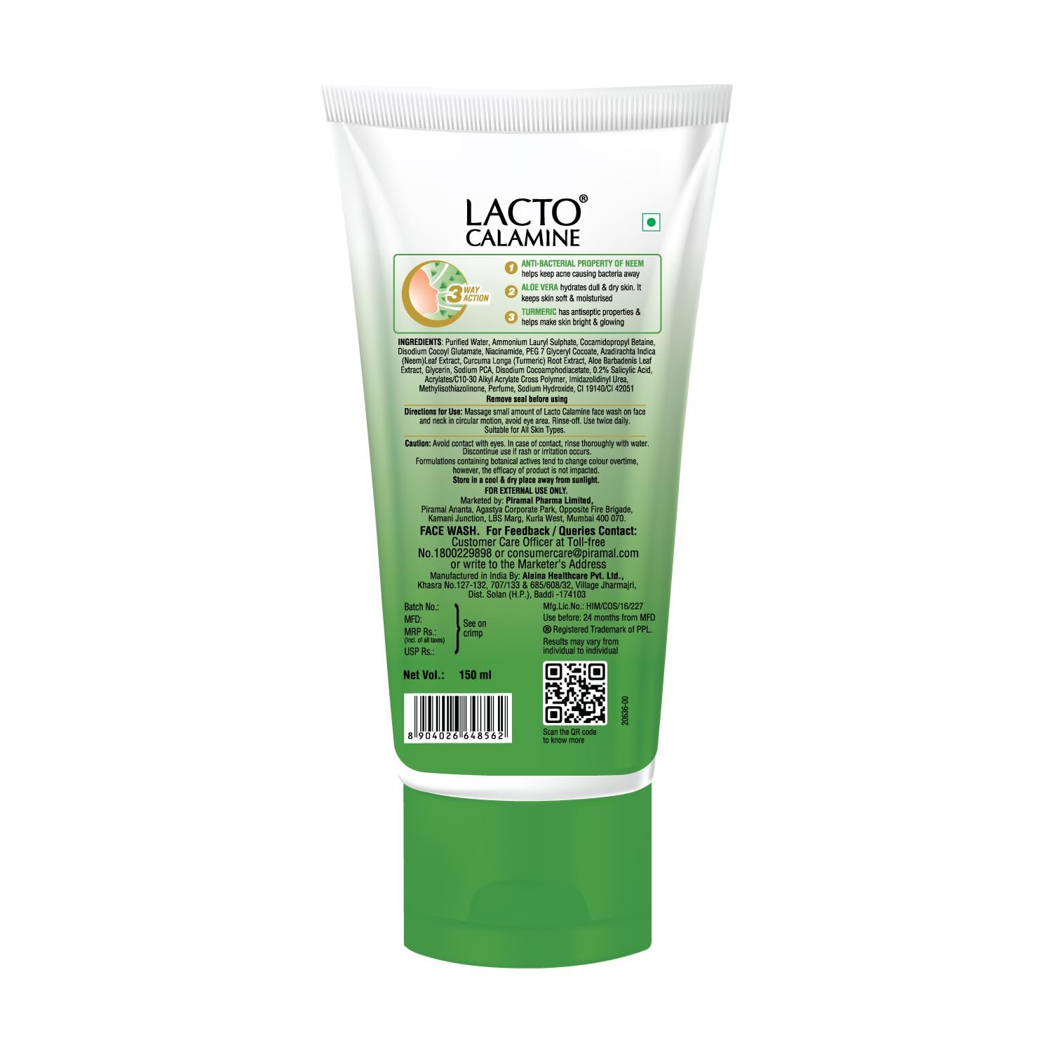 Lacto Calamine Neem Face Wash With Aloe Vera & Turmeric | 150ml | Niacinamide & Salicylic Acid Face Wash | Reduces Pimples, Purifies Skin & Oil Control | thumbnail