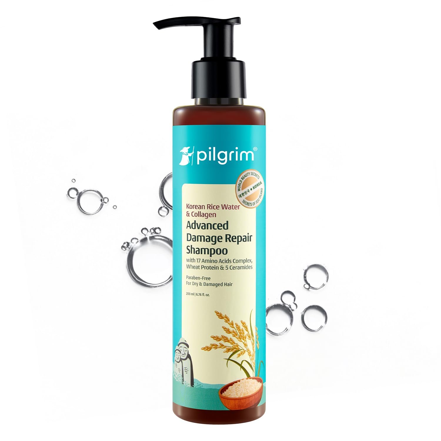 Pilgrim Korean Rice Water & Collagen Advanced Damage Repair Shampoo - 200ml 92% Less Breakage, Up to 20X Softer Hair, with 17 Amino Acids, Wheat Protein & 5 Ceramides thumbnail