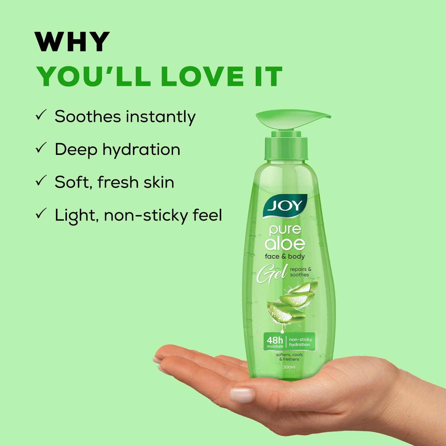 Joy Pure Aloe Vera Gel for Face & Body (300ml) with Natural Moisturisers & Pro Vitamin B5 | 99% Pure Aloe Gel for Hydrating Dry & Damaged Skin | Non Sticky & Quick Absorbing thumbnail
