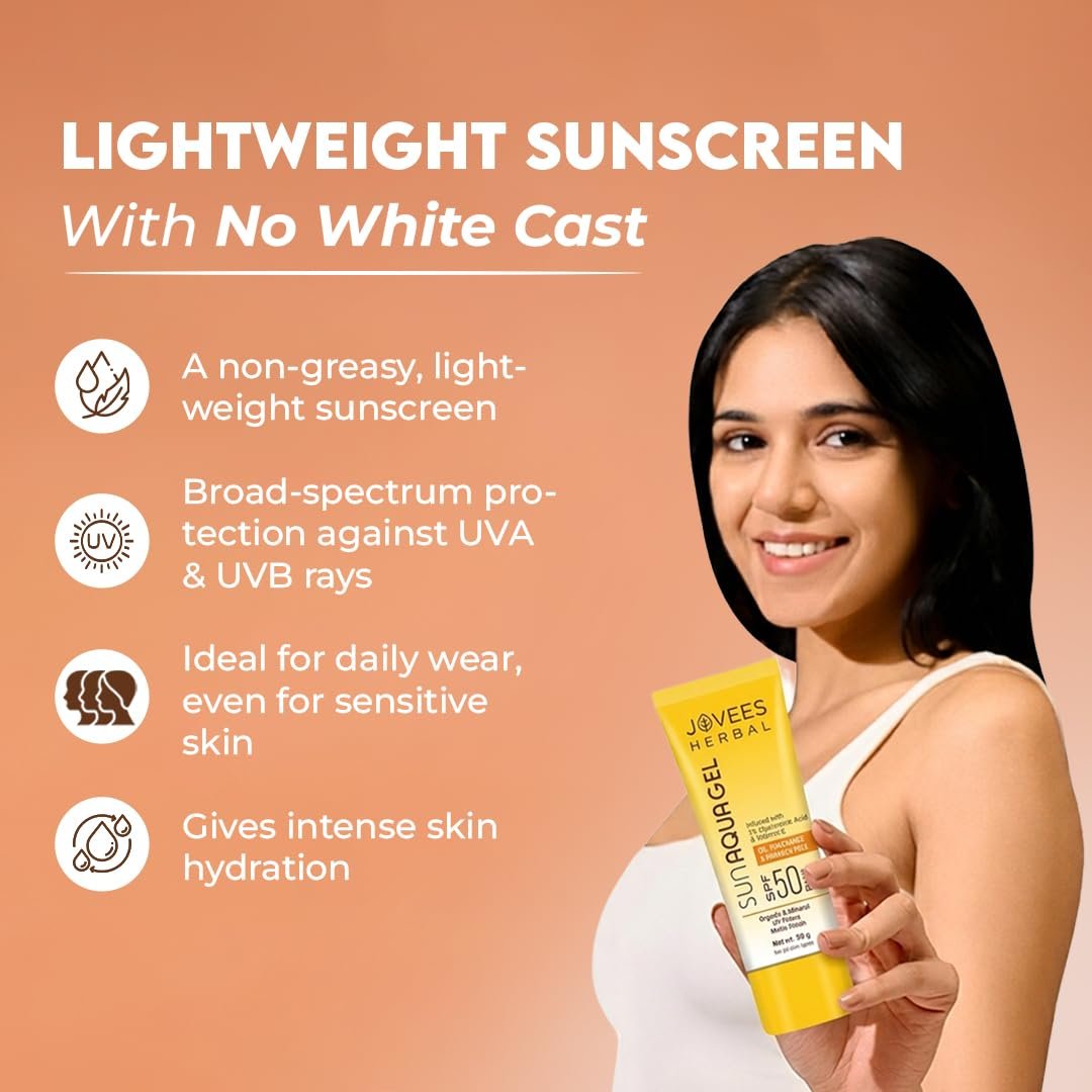 Jovees Herbal Sun Aqua Gel Sunscreen SPF 50 PA+++ | Lightweight, Water-Like Texture | 1% Hyaluronic Acid | Non-Greasy, No White Cast | Perfect for Oily & Combination Skin | 50g thumbnail