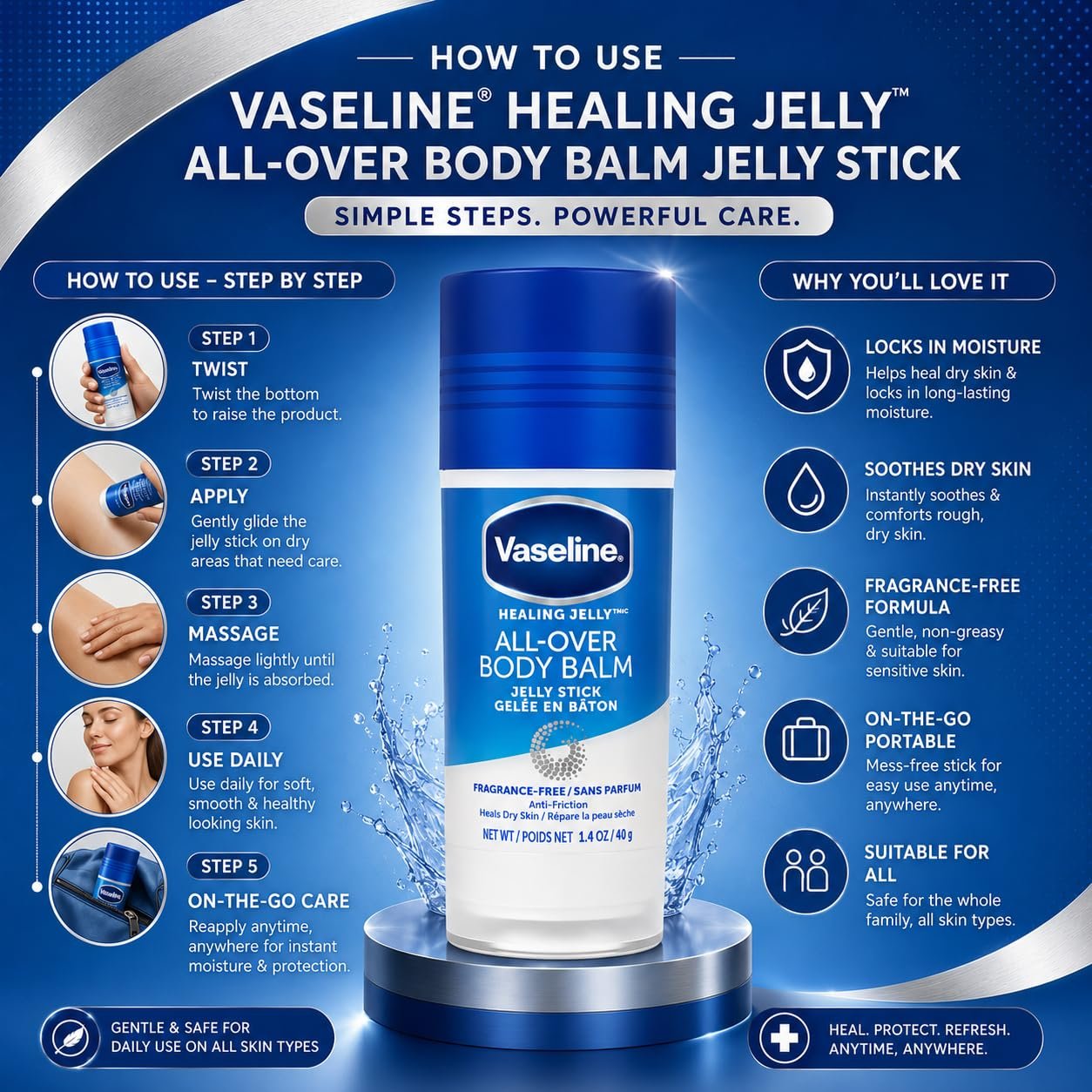 Vaseline All Over Body Balm Jelly Stick 40g | Fragrance Free Healing Jelly Moisturizer for Dry Skin & Anti Chafing Care thumbnail