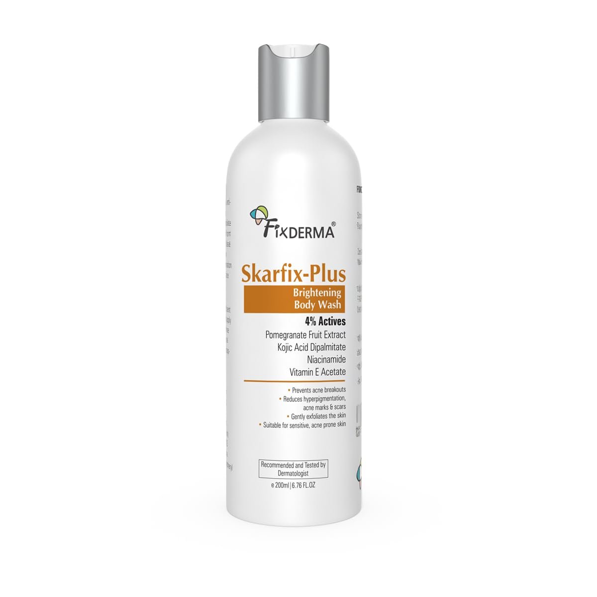 Fixderma Skarfix Plus Brightening Body Wash with 4% Actives (Kojic Acid, Niacinamide Acid, & Vitamin E) | Skin Brightening Body Wash Shower Gel | For Hyperpigmentation & Acne Marks - 200ml