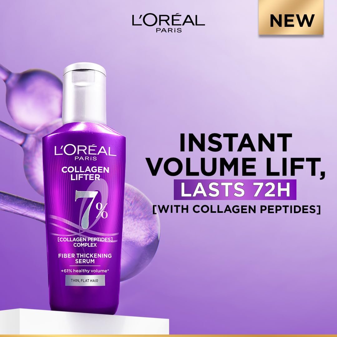 L'Oréal Paris Collagen Lifter Hair Thickening Serum with 7% Collagen Peptides for thin, flat hair | 72H lightweight volume & Frizz free hair, 80ml thumbnail