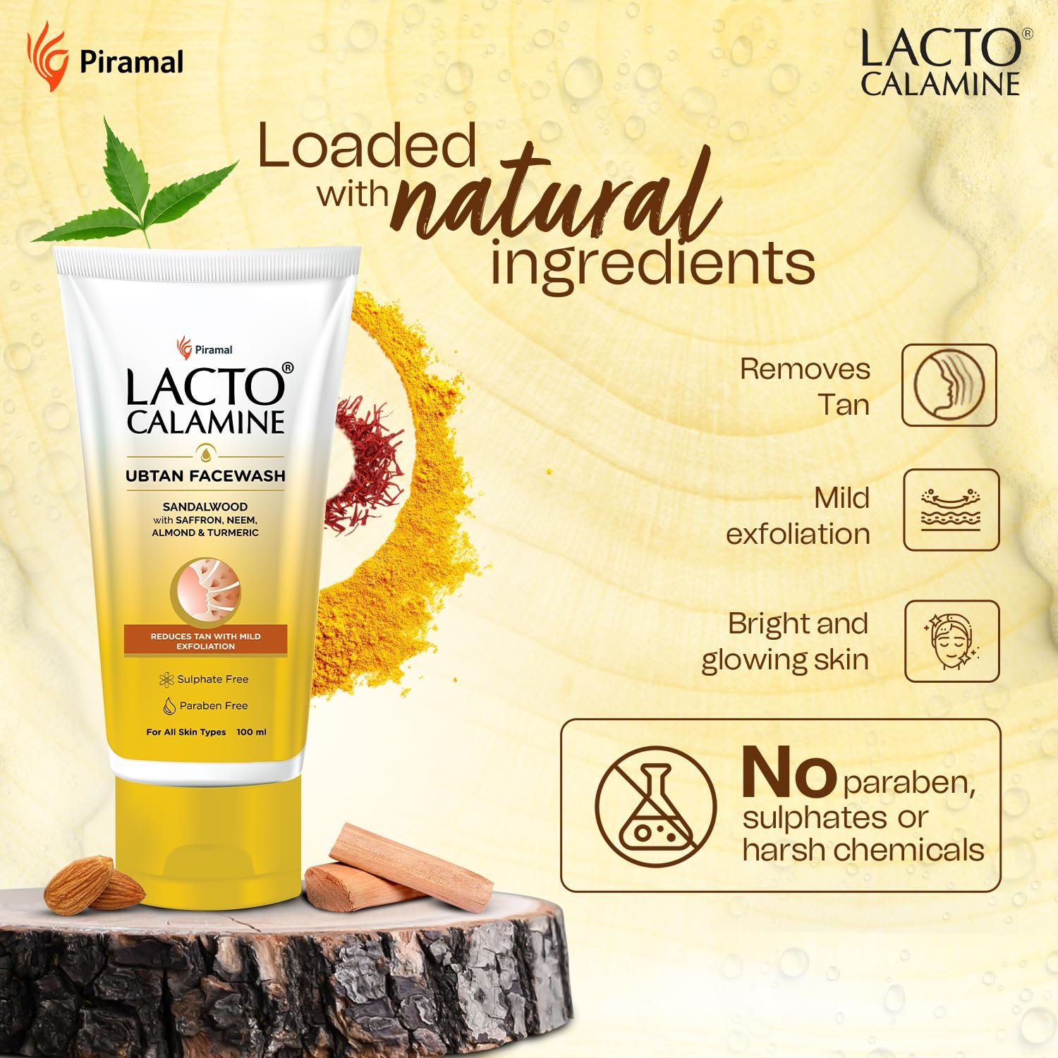 Lacto Calamine Ubtan Face Wash for Glowing Skin | Natural Face Wash with Sandalwood, Saffron, Neem, Almond & Turmeric | Exfoliating Facewash reduces Tan | Sulphate, Paraben Free |100 ml Pack thumbnail