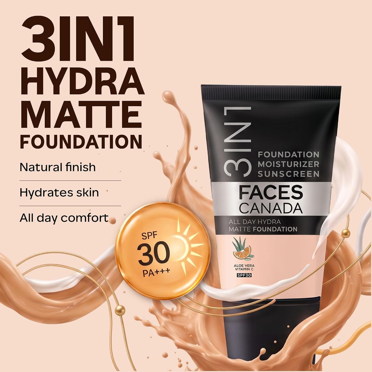 FACESCANADA Cream All Day Hydra Matte Foundation - Mini | 3in1 Foundation + Moisturizer + SPF 30 | 24 HR Aloe Hydration & Vitamin C | 10HR Wear | Medium to High Buildable Coverage | Rose Ivo thumbnail