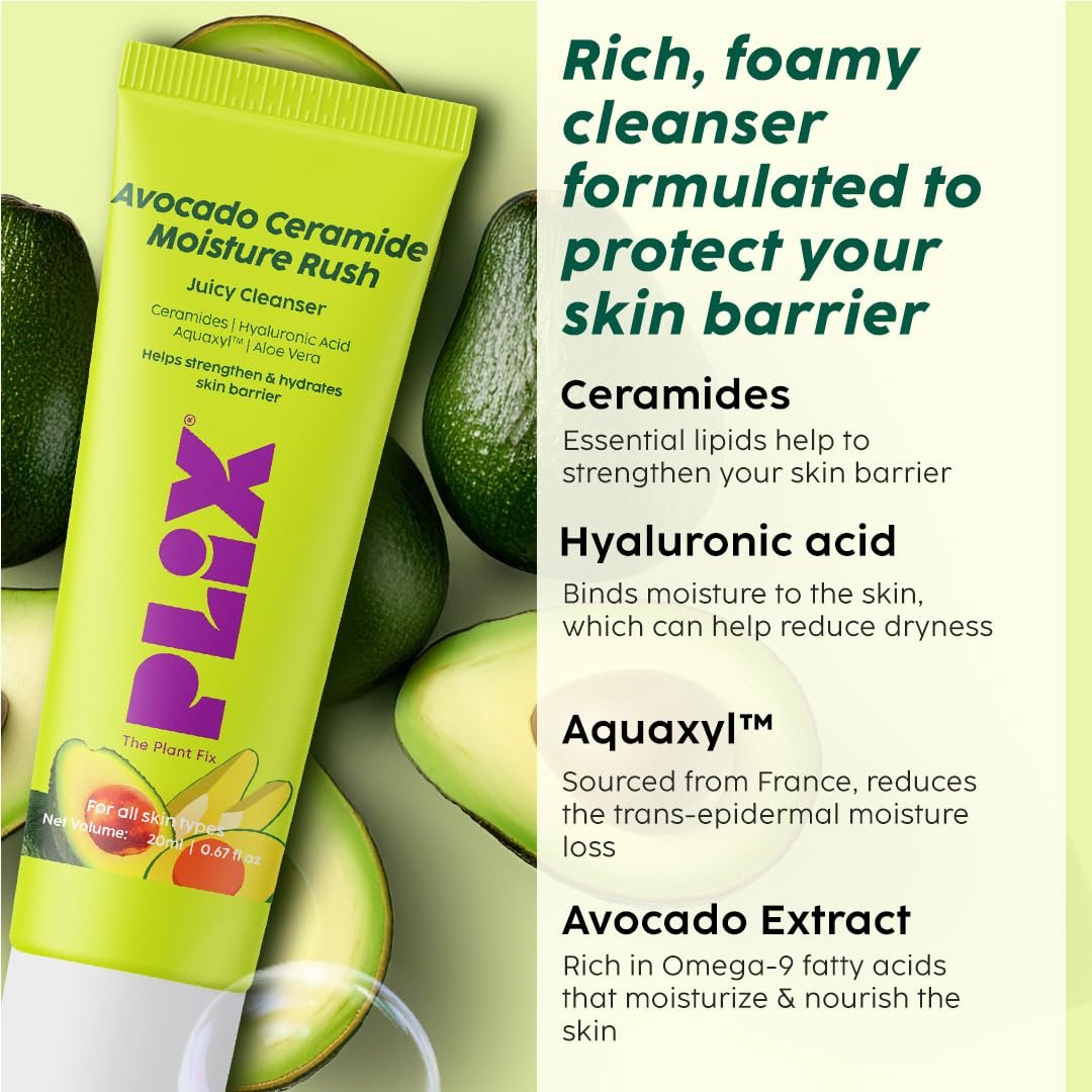 PLIX - THE PLANT FIX Avocado Ceramide Moisture Rush Juicy Cleanser (20 ml) | Ceramide Face Wash| Nourishes and Hydrates Skin | Gentle Cleanser for Sensitive Skin | For Men & Women thumbnail