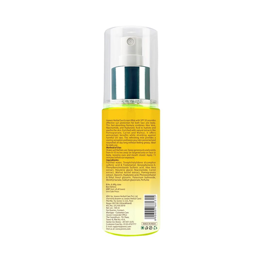 Jovees Herbal Sunscreen Mist SPF 30 – Broad Spectrum Protection For Face & Body with 1% Hyaluronic Acid & 2% Niacinamide | Lightweight & Non-Sticky | Quick Absorbing & Makeup Friendly 100ml thumbnail