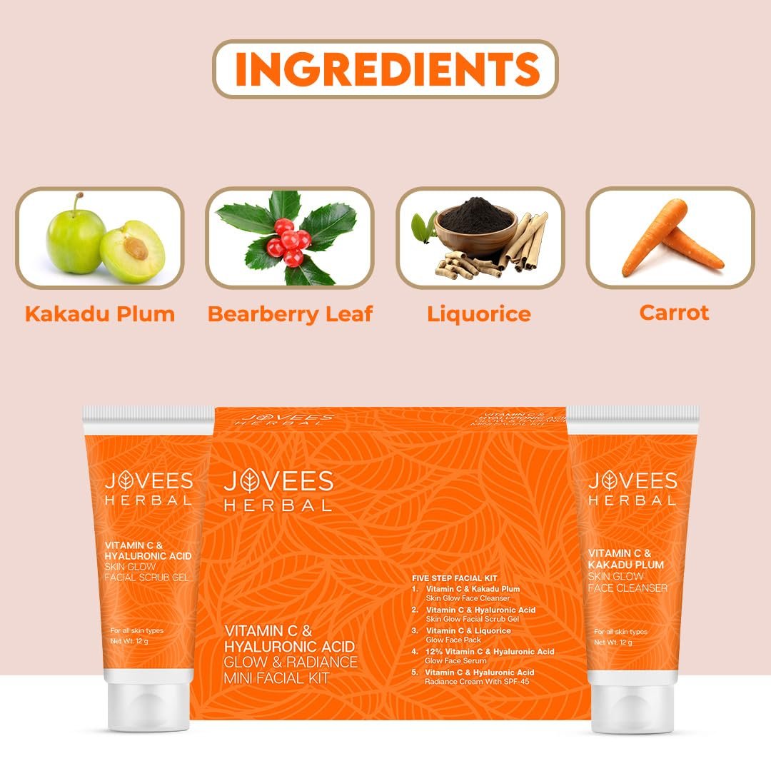 JOVEES SPF 45 All Herbal Vitamin C & Hyaluronic Acid Glow & Radiance Mini Facial Kit For Brighter & Glowing Skin | Kit For Improves Uneven Skin Tone, Fines Lines & Dullness 53g (Multiple use thumbnail