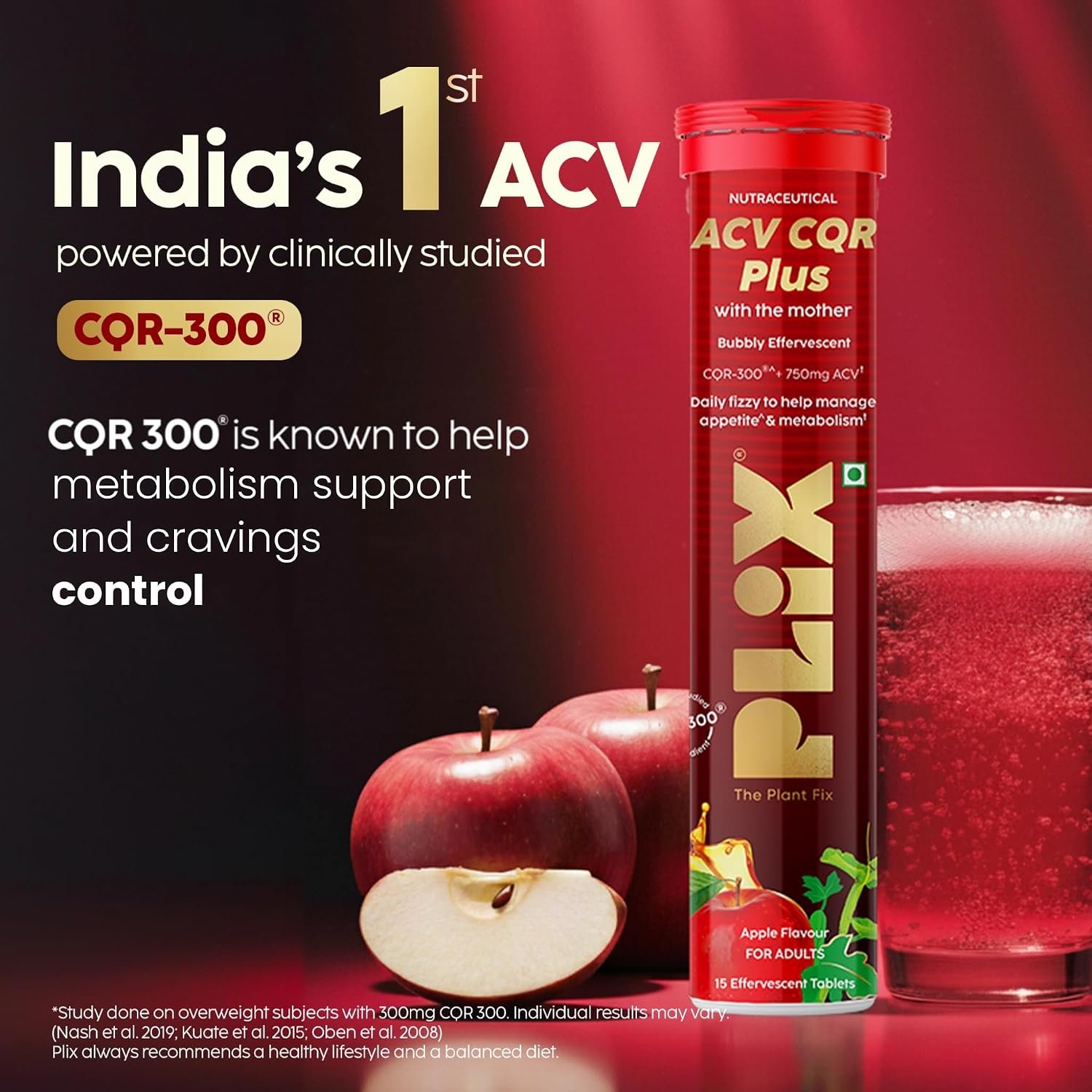PLIX ACV CQR Plus Effervescent | Clinically Studied CQR-300® for GLP-1 Support | Helps Reduction in Fat, Waist & Hip Circumference, Metabolism & Appetite Control | Pack of 2 thumbnail