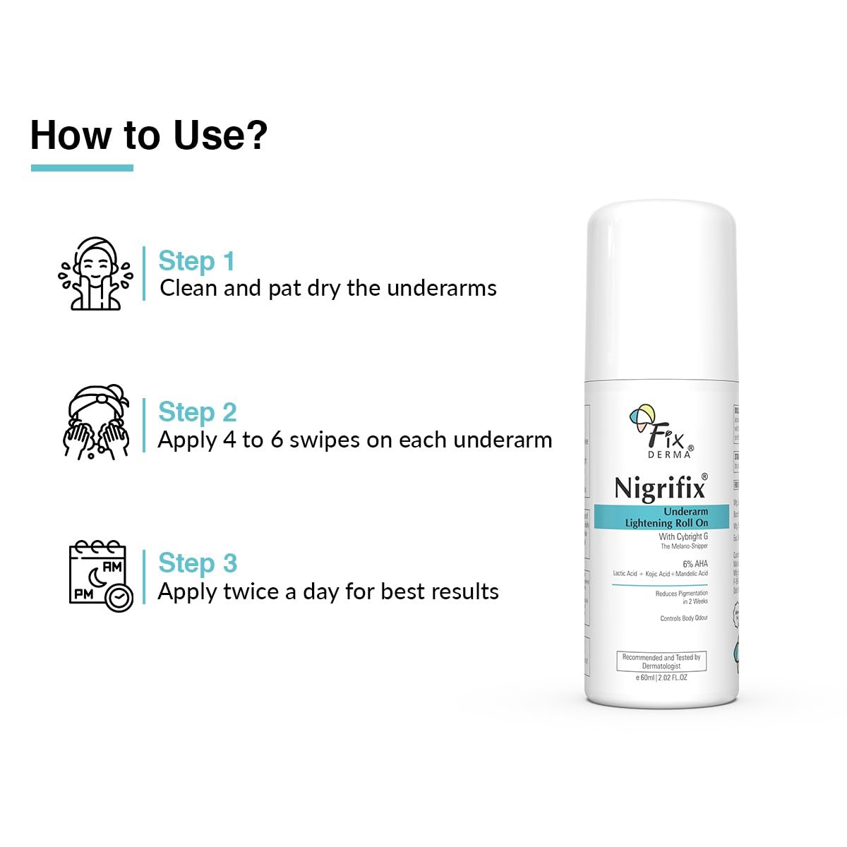 Fixderma Nigrifix Underarm Roll on with 6% AHA, Lactic Acid & 1% Mandelic Acid & Kojic Acid | Brightens Skin & Exfoliates Underarm | For All Skin Type, Men & Women - 60ml thumbnail