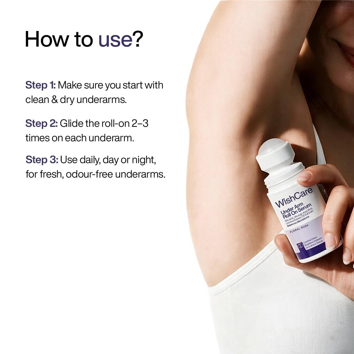 WishCare Underarm Roll On For Women With 5% AHA, 3% Kojic Acid, BHA, Licorice, Inulin - Underarm Lightening & Odour Control - Long Lasting Floral Fragrance thumbnail