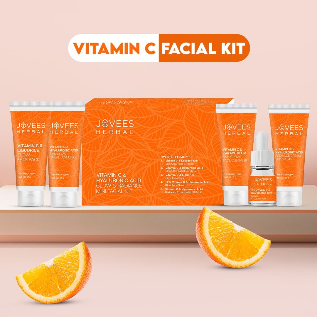 JOVEES SPF 45 All Herbal Vitamin C & Hyaluronic Acid Glow & Radiance Mini Facial Kit For Brighter & Glowing Skin | Kit For Improves Uneven Skin Tone, Fines Lines & Dullness 53g (Multiple use thumbnail