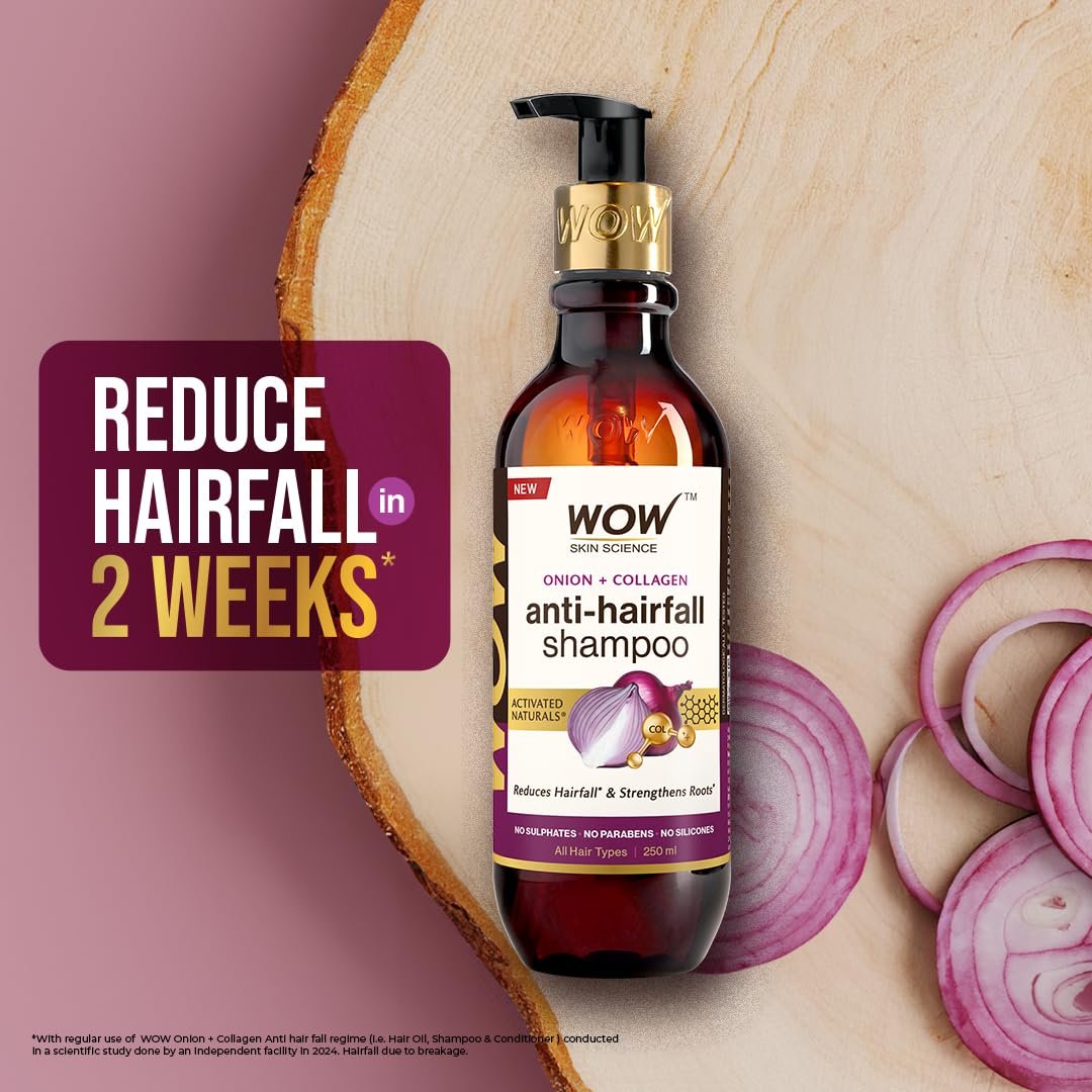WOW Skin Science Onion + Collagen Anti-Hairfall Shampoo | Controls Hair fall | Helps Strengthen Hair | No Sulphate No Paraben | For Men & Women - 250ml thumbnail