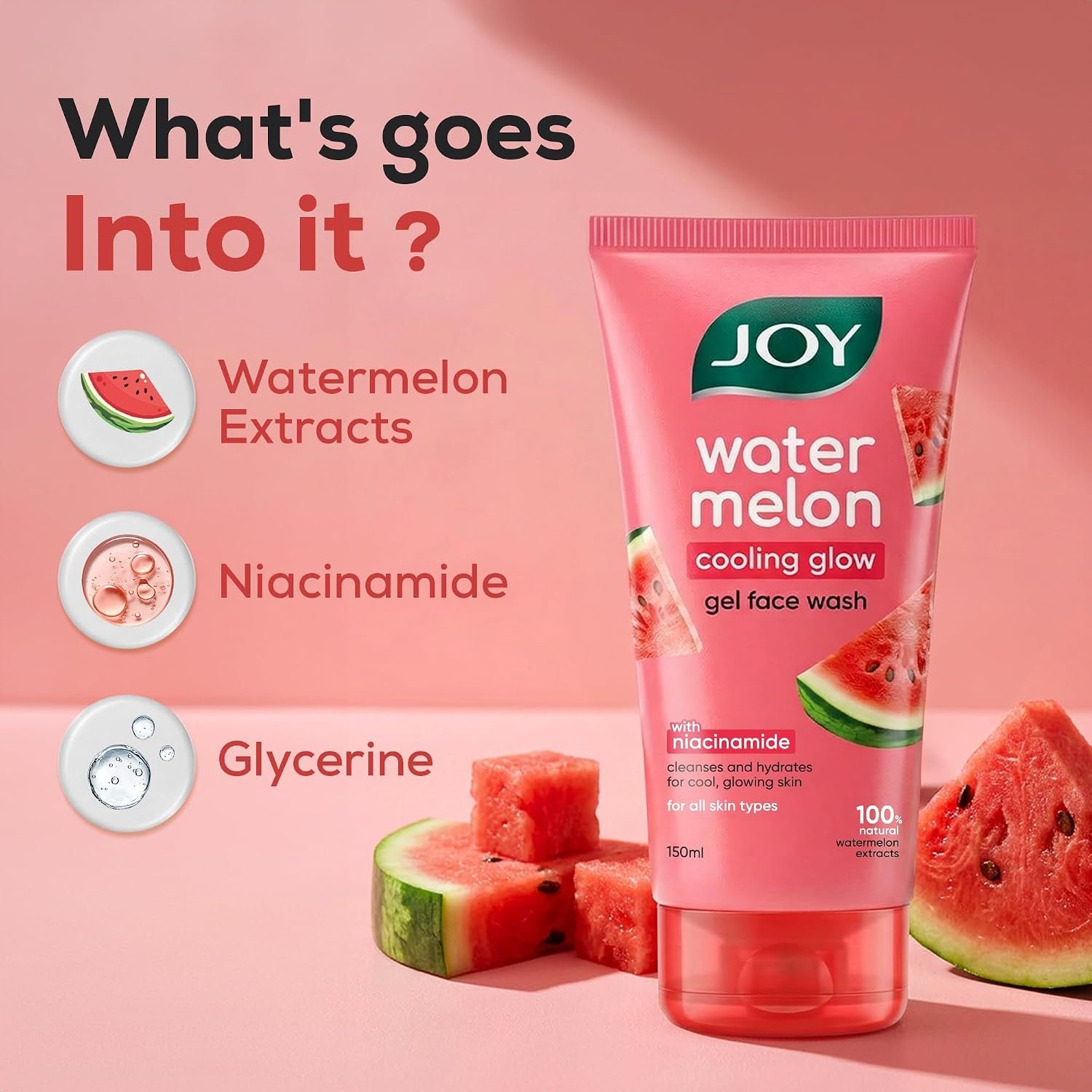 Joy Watermelon Cooling Glow Gel Face Wash with Niacinamide & Glycerine | Hydrating Daily Facial Cleanser for Glowing Skin | Removes Dirt, Oil & Impurities | For All Skin Types | 150ml thumbnail