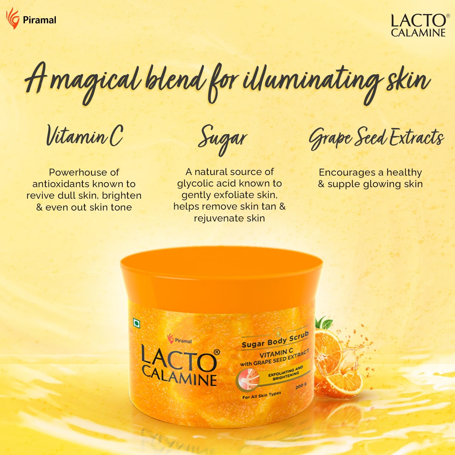 Lacto Calamine Vitamin C Sugar Body Scrub | 200 g | Gentle Body Exfoliator | Body Scrub for Healthy & Glowing Clear Skin | thumbnail
