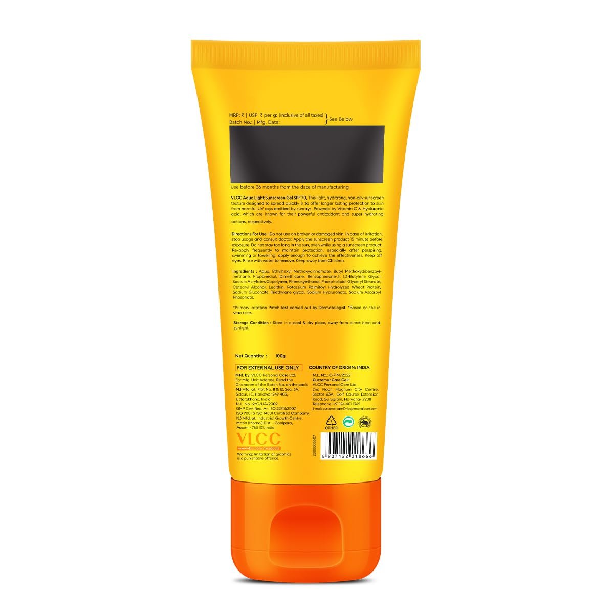 VLCC Aqua Light Sunscreen Gel SPF 70 PA++++ | Ultra-High UV Protection For All Skin Type | No White Cast | Non-Greasy, Fast-Absorbing | Hyaluronic Acid & Vitamin C | 100g thumbnail