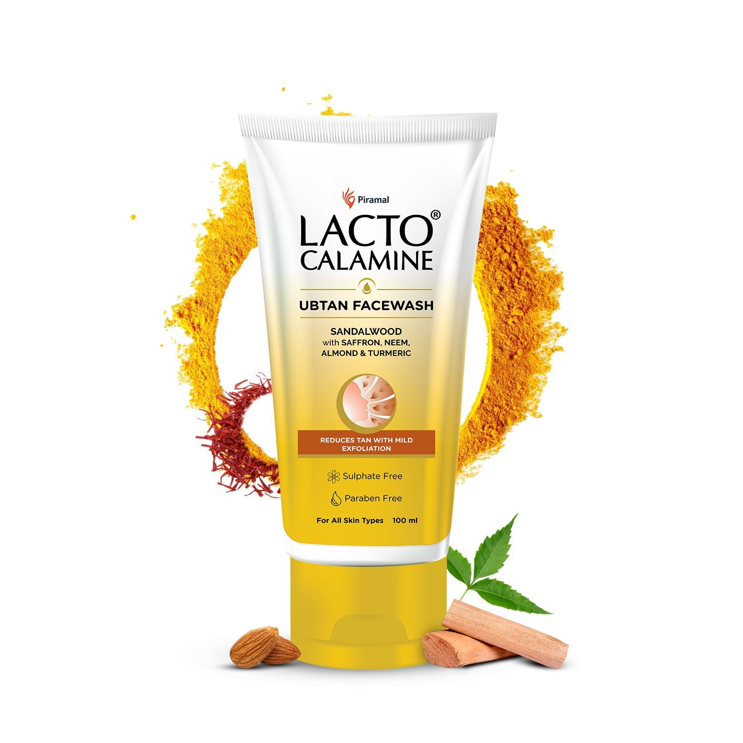 Lacto Calamine Ubtan Face Wash for Glowing Skin | Natural Face Wash with Sandalwood, Saffron, Neem, Almond & Turmeric | Exfoliating Facewash reduces Tan | Sulphate, Paraben Free |100 ml Pack