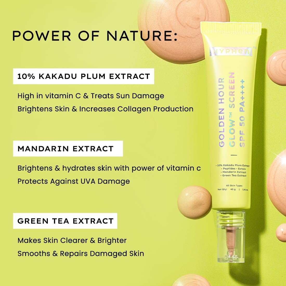Hyphen Golden Hour Glow Sunscreen Spf 50 Pa++++ Dewy Glow & Bright Skin| Vitamin C Rich-10% Kakadu Plum & Peptides| Winter Sunscreen Moisturizer for Women & Men| - 40G thumbnail