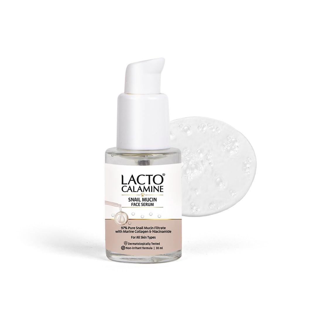 Lacto Calamine 97% Pure Snail Mucin Face Serum with Marine Collagen & Niacinamide | Deep Hydration, Plump & Glowing Skin | Korean Skincare Serum | 30ml