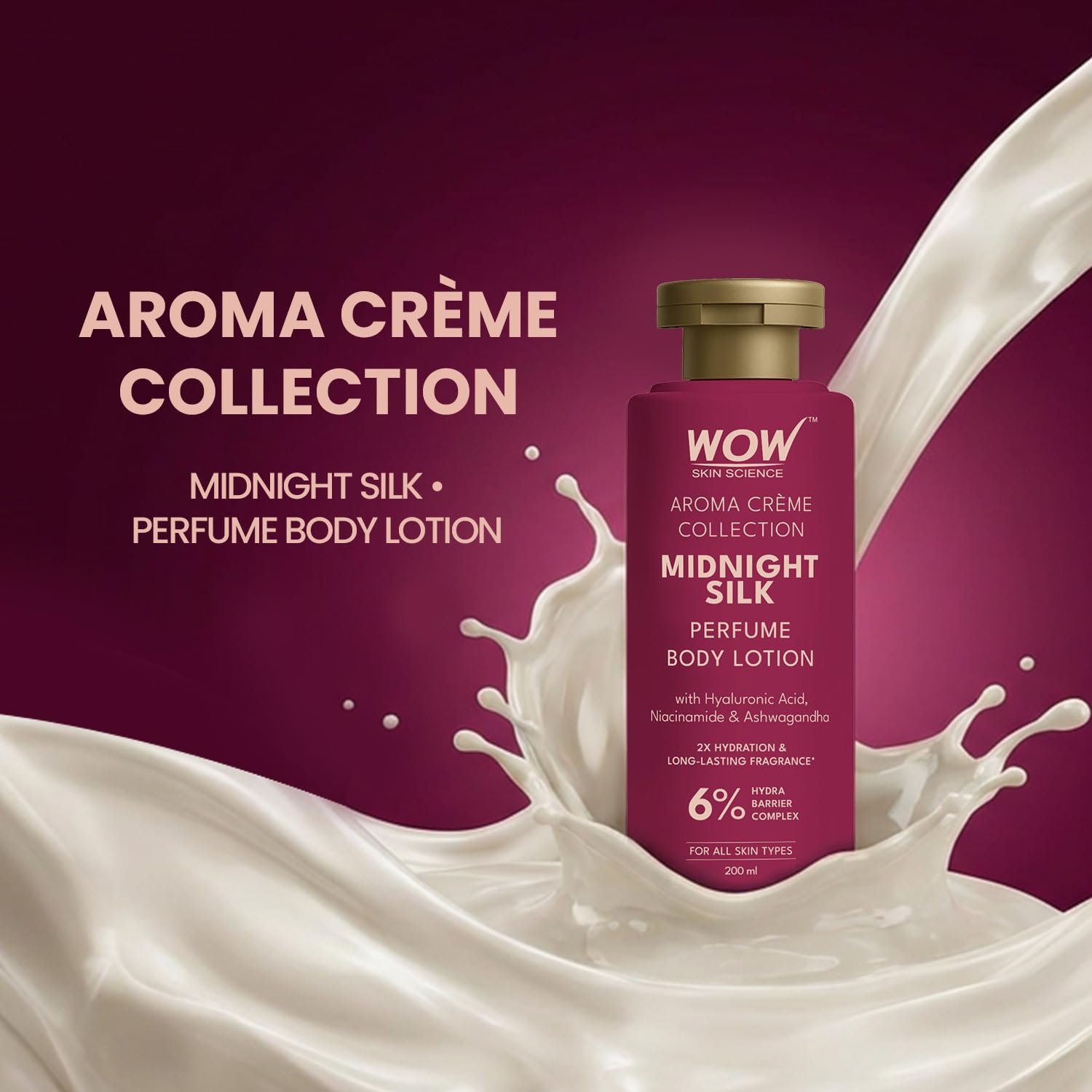 WOW Skin Science Midnight Silk Perfume Body Lotion | Aroma Crème Collection | 6% Hydra Barrier Complex with Hyaluronic Acid, Niacinamide & Ashwagandha | 200ml thumbnail