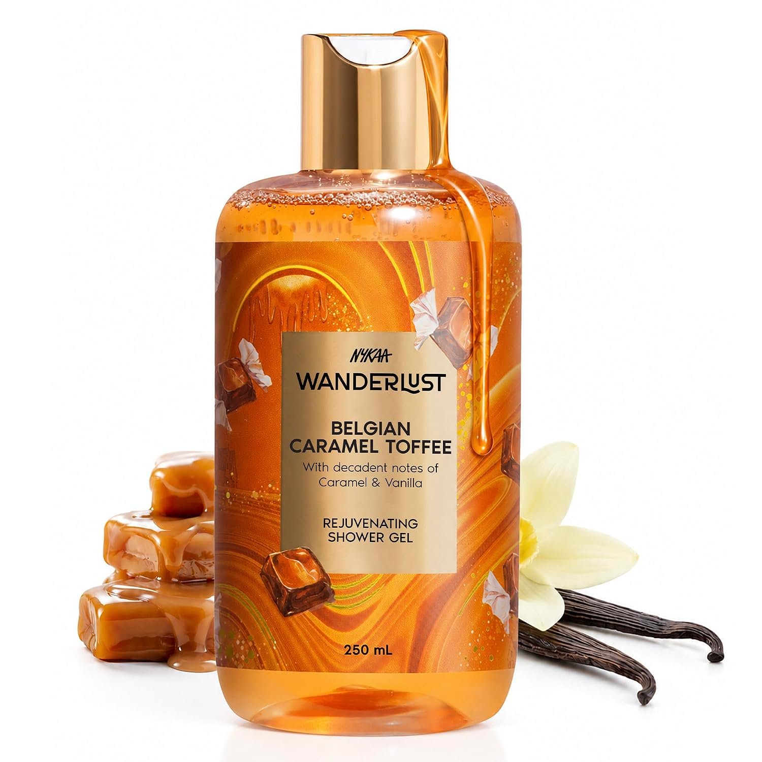 Nykaa Wanderlust Belgian Caramel Toffee Exfoliating Perfume Body Wash, Lactic Acid & Vitamin E, Caramel & Vanilla, Hydrating Shower Gel for Smooth & Soft Skin, Long-lasting Fragrance, No Par