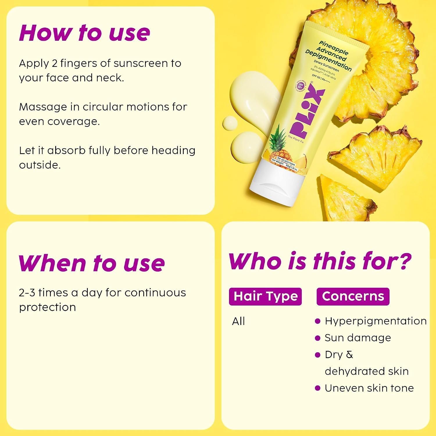 PLIX - THE PLANT FIX Pineapple Advanced Depigmentation Dewy Sunscreen SPF 50 PA++++ | Alpha Arbutin & Aquaxyl | Reduces Pigmentation, Protects from UV & Blue Light, Hydrates Skin |  50g thumbnail