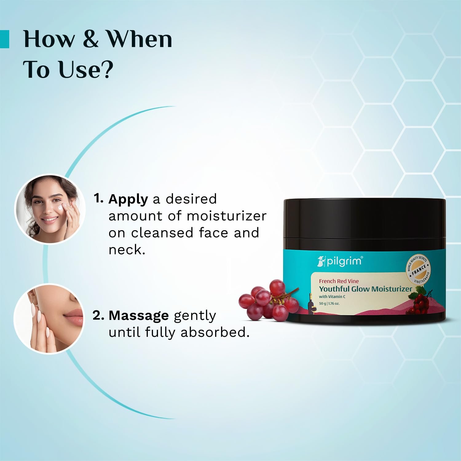 PILGRIM French Red Vine Youthful Glow Moisturizer SPF 30 with Vitamin C, Rosehip Oil For Anti Ageing, Sun Protection PA+++, Daily Use, Dry, Oily, Combination Skin, Men & Women, 50g thumbnail