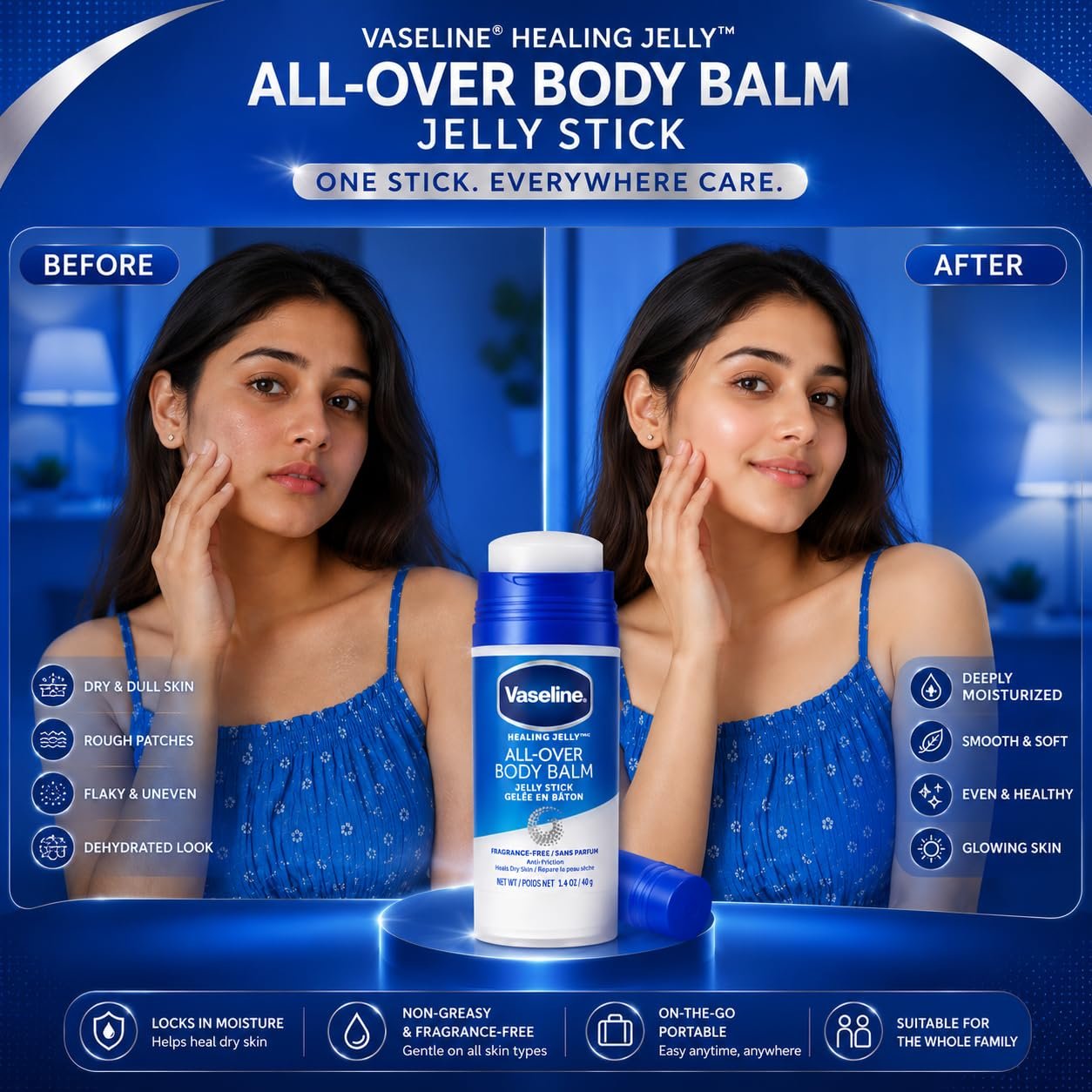 Vaseline All Over Body Balm Jelly Stick 40g | Fragrance Free Healing Jelly Moisturizer for Dry Skin & Anti Chafing Care thumbnail
