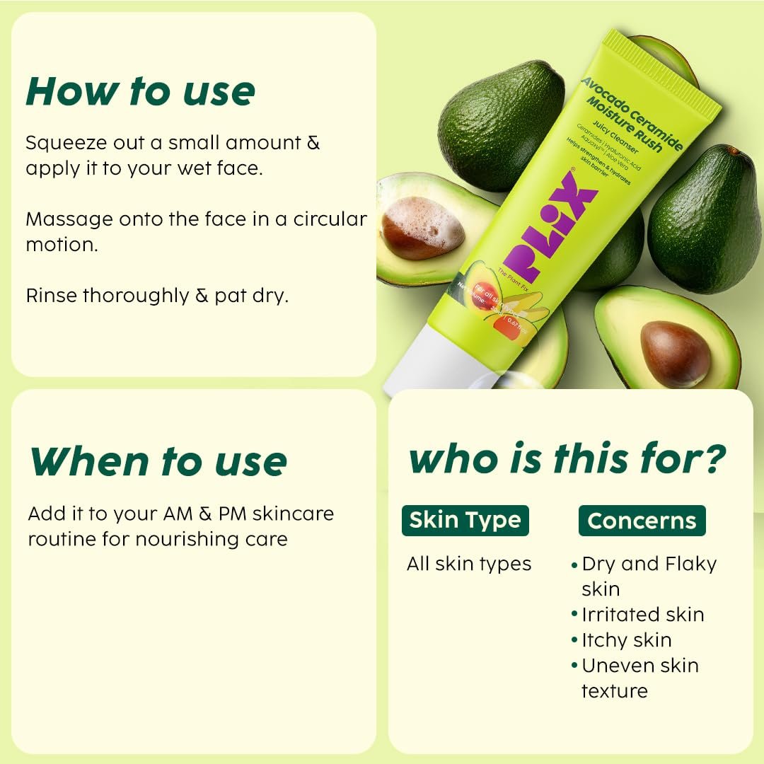 PLIX - THE PLANT FIX Avocado Ceramide Moisture Rush Juicy Cleanser (20 ml) | Ceramide Face Wash| Nourishes and Hydrates Skin | Gentle Cleanser for Sensitive Skin | For Men & Women thumbnail