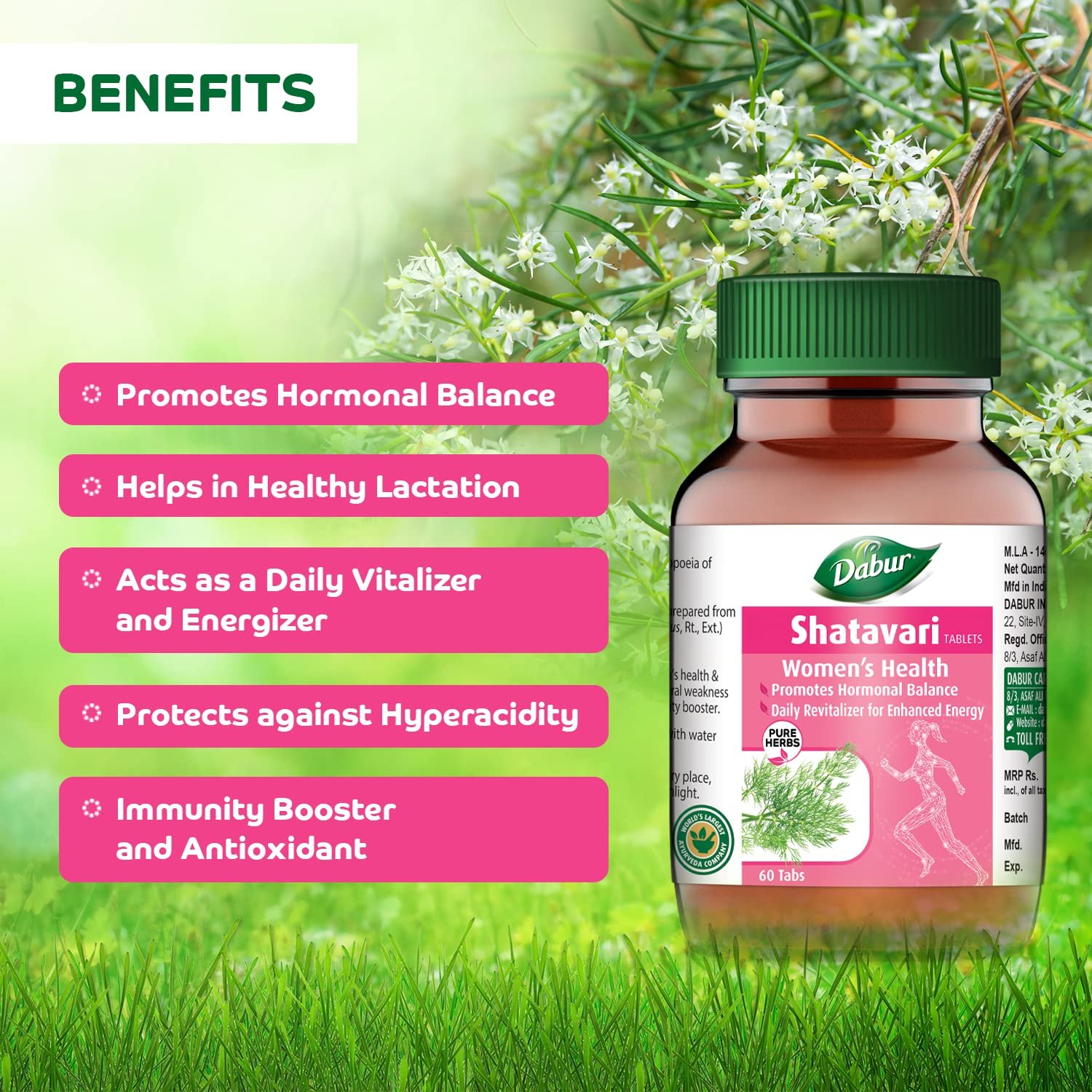 Dabur Shatavari Tablets 60 Tablets | Ayurvedic Women's Wellness Supplement | Supports Hormonal Balance & Overall Well-Being thumbnail