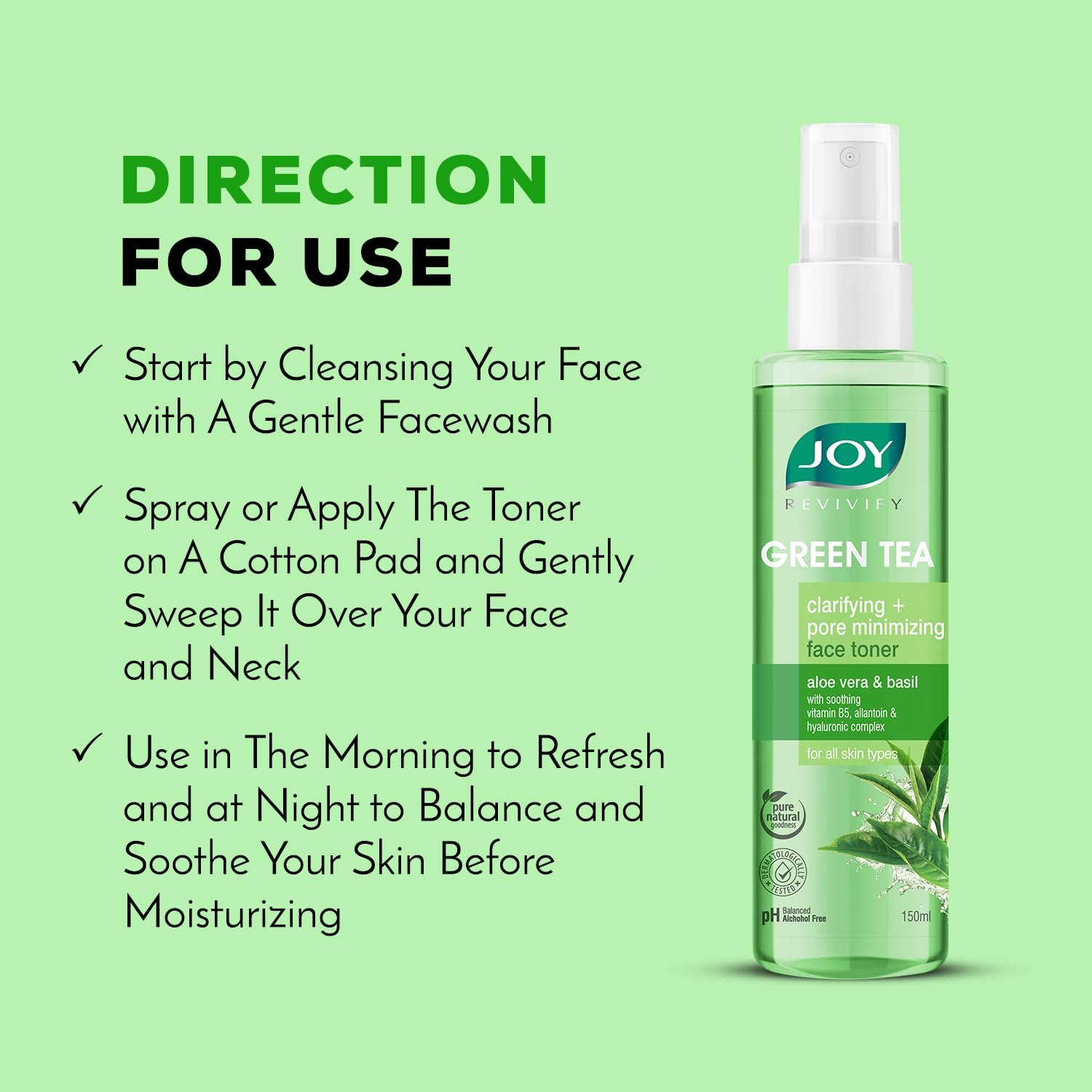 Joy Clarifying & Pore Minimizing Green Tea Face Toner (150ml) | Alcohol Free Toner with Aloe Vera, Vitamin E & Hyaluronic Acid for Hydrating & Refreshing Skin | For All Skin Types thumbnail