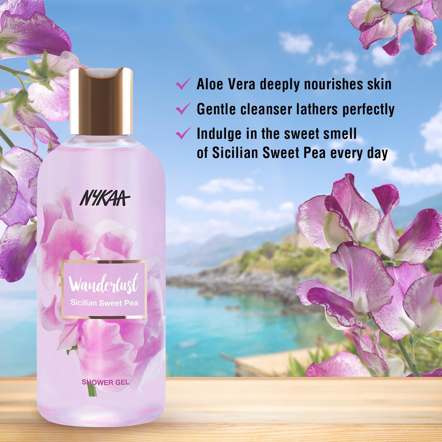 Nykaa Wanderlust Bath and Body Sicilian Sweet Pea Shower Gel,300 Ml|Nourishes & Hydrates|Gentle Cleanser|Sweet Smell |Enriched With Aloe Vera|Paraben-Free,Vegan| thumbnail