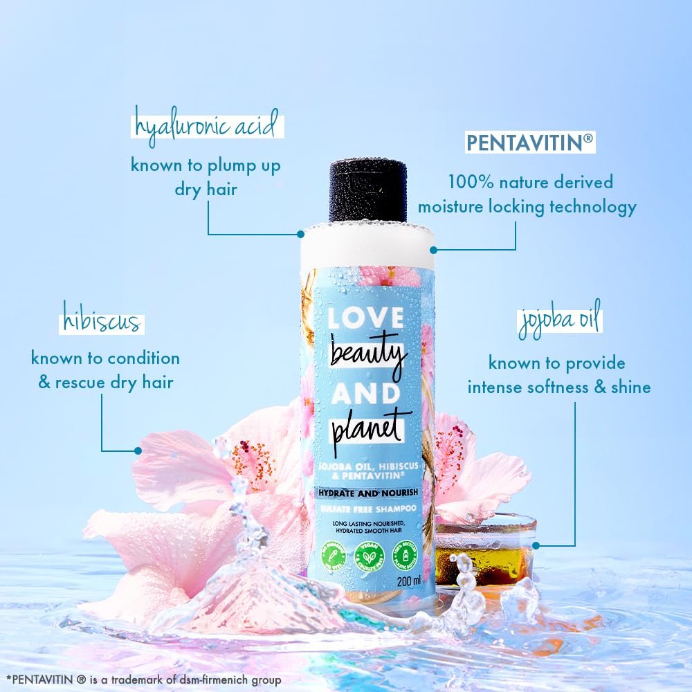 Love Beauty & Planet Jojoba Oil, Hibiscus & Pentavitin Hydrate & Nourish Shampoo | Sulfate-Free Hair Cleanser for Hydrated, Soft, Smooth & Healthy-Looking Hair | 200ml thumbnail